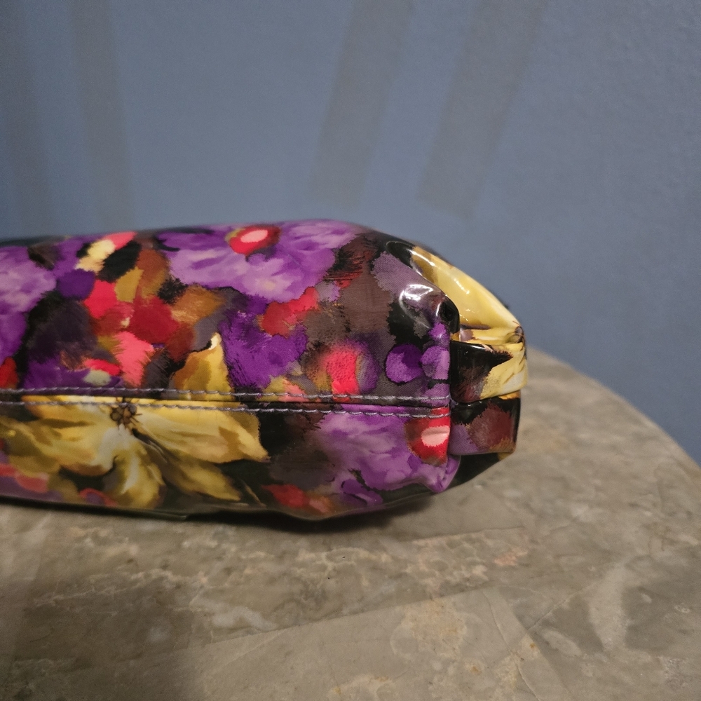 Ellen Tracy Floral Purple & Yellow Vinyl Shoulder Bag - Picture 6 of 12